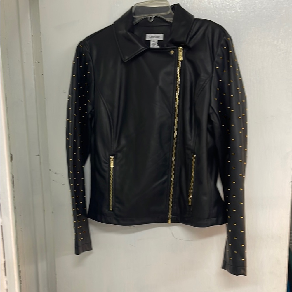 Calvin Klein Black Faux Leather Jacket with Gold stones